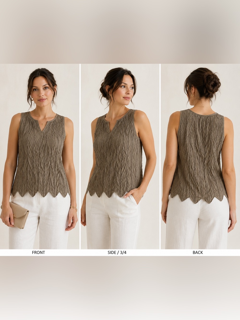 Timeless Naeem Khan Accordion Textured Sleeveless Blouse M/L Khaki Scalloped Hem